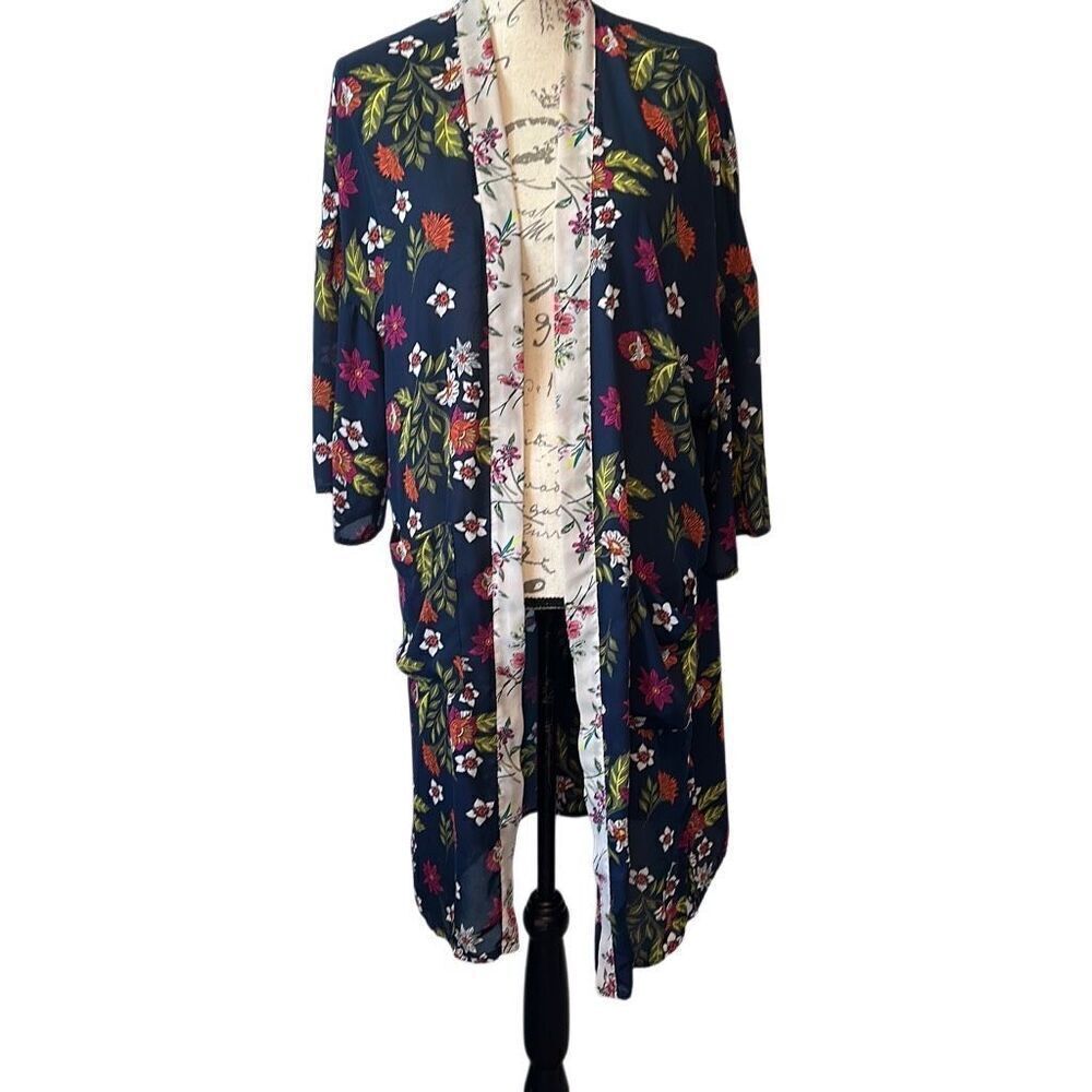Time & Tru Floral Kimono Beach Swim Suit Cover L